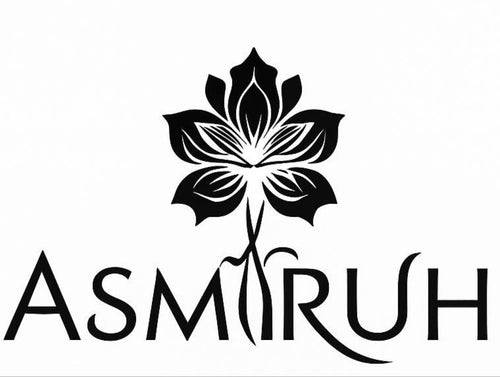 Black flower design with 'ASMRUSH' text on a white background